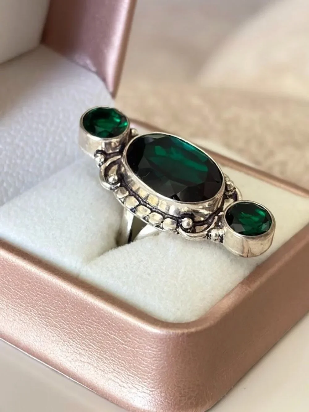 Simulated Emerald Three Stone Statement Ring 925 Silver Plated - Size 5.5